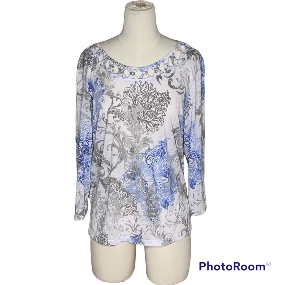 Alfred Dunner Blue Gray Tunic Blouse Top 3/4 Sleeve - Size PL
